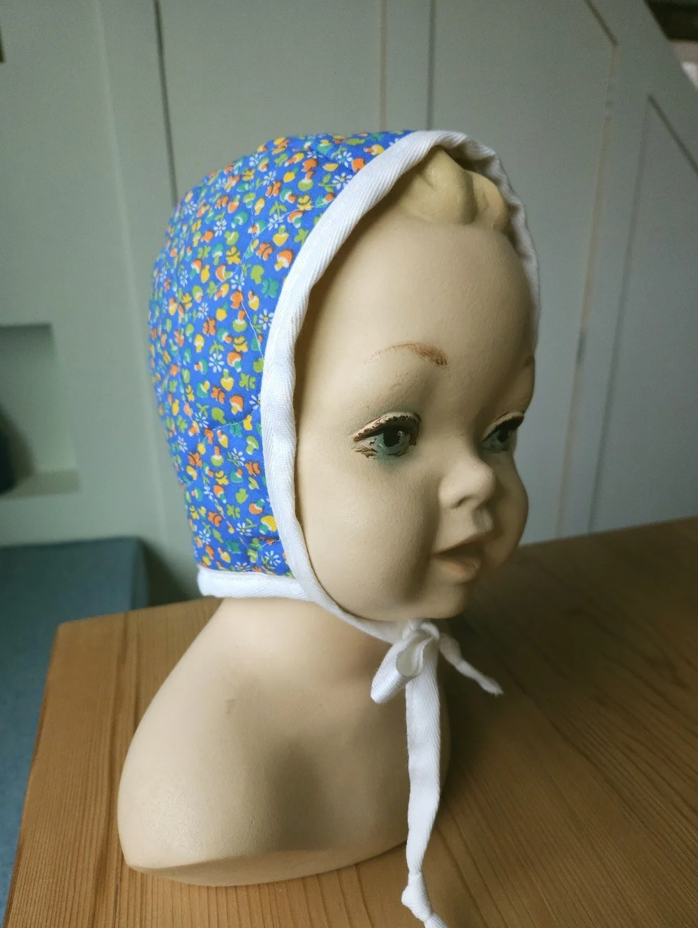 Upcycled Quilted Baby Bonnet Blue Mushroom Fully Lined 6-12 months
